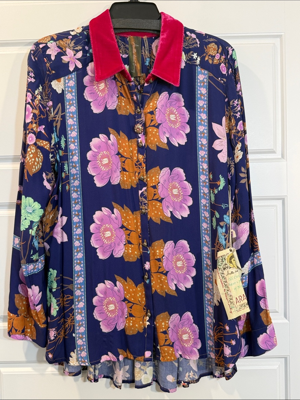 Aratta Silent Journey Long Sleeve Floral Blouse Shirt with velvet collar XLG NWT